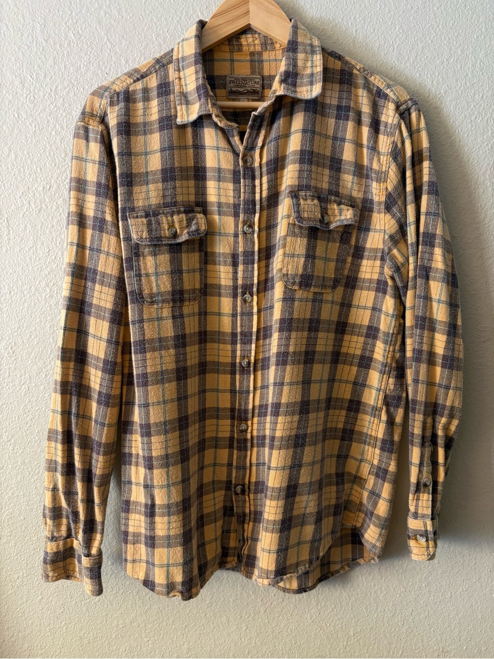 Free Nature Men's Large Mustard Plaid Flannel Shirt 100% Cotton Button Up